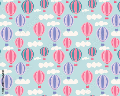 Seamless vector pattern with balloons and clouds flying in the sky. It can be used for children's dextile, wallpaper, wrapping paper.