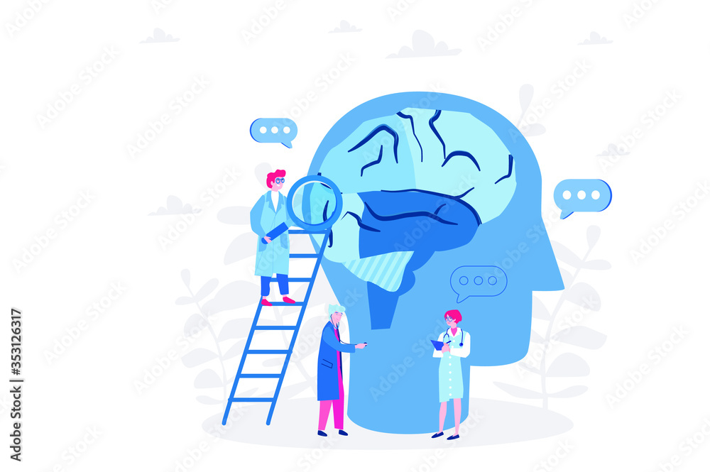 World mental health day. Psychology specialist doctor with magnified glass work with brain, Vector illustration for web banner, infographics, mobile. world mental health day 
