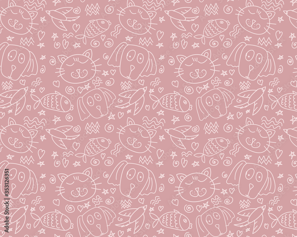 Seamless vector pattern with animals on a pink background. Hand drawing doodle with pets. Seamless vector pattern with animals on a pink background. Hand drawing doodle with pets.