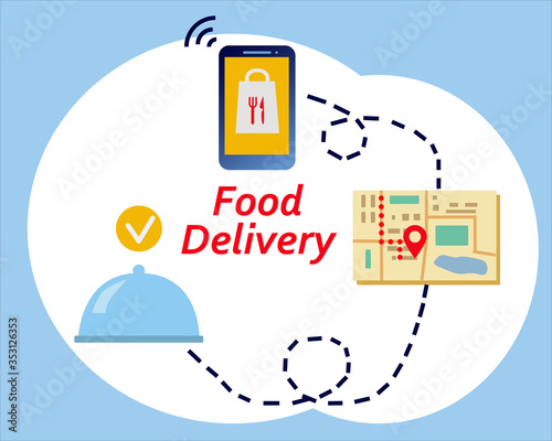 illustration in flat style concept of ordering and delivery of food in a mobile application. Food delivery during quarantine.