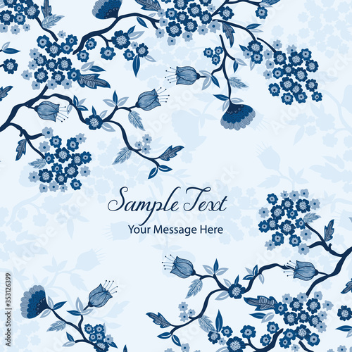 Classic Blue Chinoiserie Vector Card Frame Background