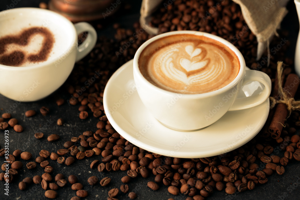 Latte art on a tide of coffee beans Latte art on a tide of coffee beans