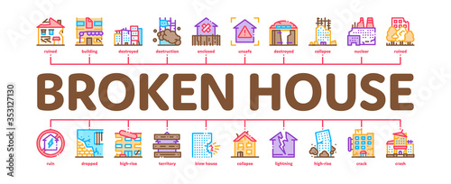 Broken House Building Minimal Infographic Web Banner Vector. Crashed And Abandoned Building, Demolition Damaged Construction And Plant, Illustration