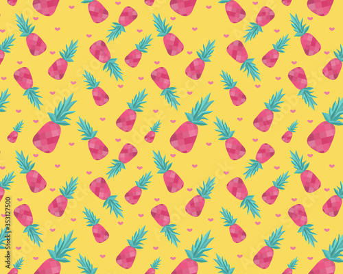 Seamless vector pattern with pink pineapple on a yellow background.