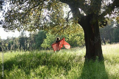 Backlit female silhouette with red cloth and big tree in the field.