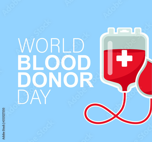 World Blood Donor Day June 14th concept. Package and a drop of red blood with the inscription on a blue background. Illustration for website and app design. Vector stock illustration.