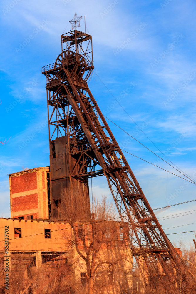 Old rusty mine headgear in Kryvyi Rih, Ukraine
