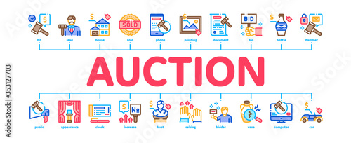 Auction Buying And Selling Goods Minimal Infographic Web Banner Vector. Internet Auction And Application, Hammer And Car, Agreement And Bid, House And Picture Illustration