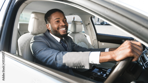 African American Driver Driving Car Sitting In New Automobile, Panorama