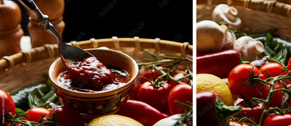 collage of delicious tomato sauce with spoon near fresh ripe vegetables in basket