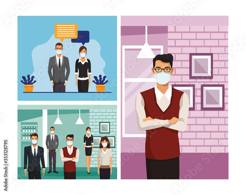 business people working and wearing medical masks photo