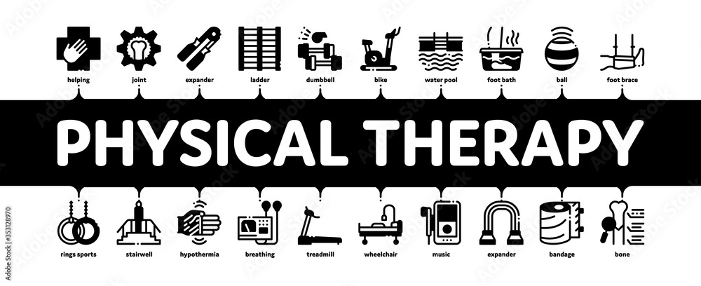Fototapeta premium Physical Therapy And Recovery Minimal Infographic Web Banner Vector. Treadmill And Exercise Bike, Dumbbells And Ball Equipment For Physical Therapy Illustration