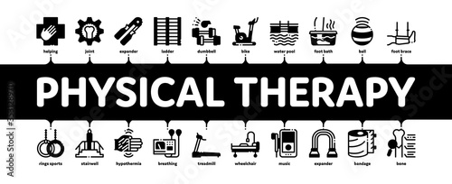 Physical Therapy And Recovery Minimal Infographic Web Banner Vector. Treadmill And Exercise Bike, Dumbbells And Ball Equipment For Physical Therapy Illustration