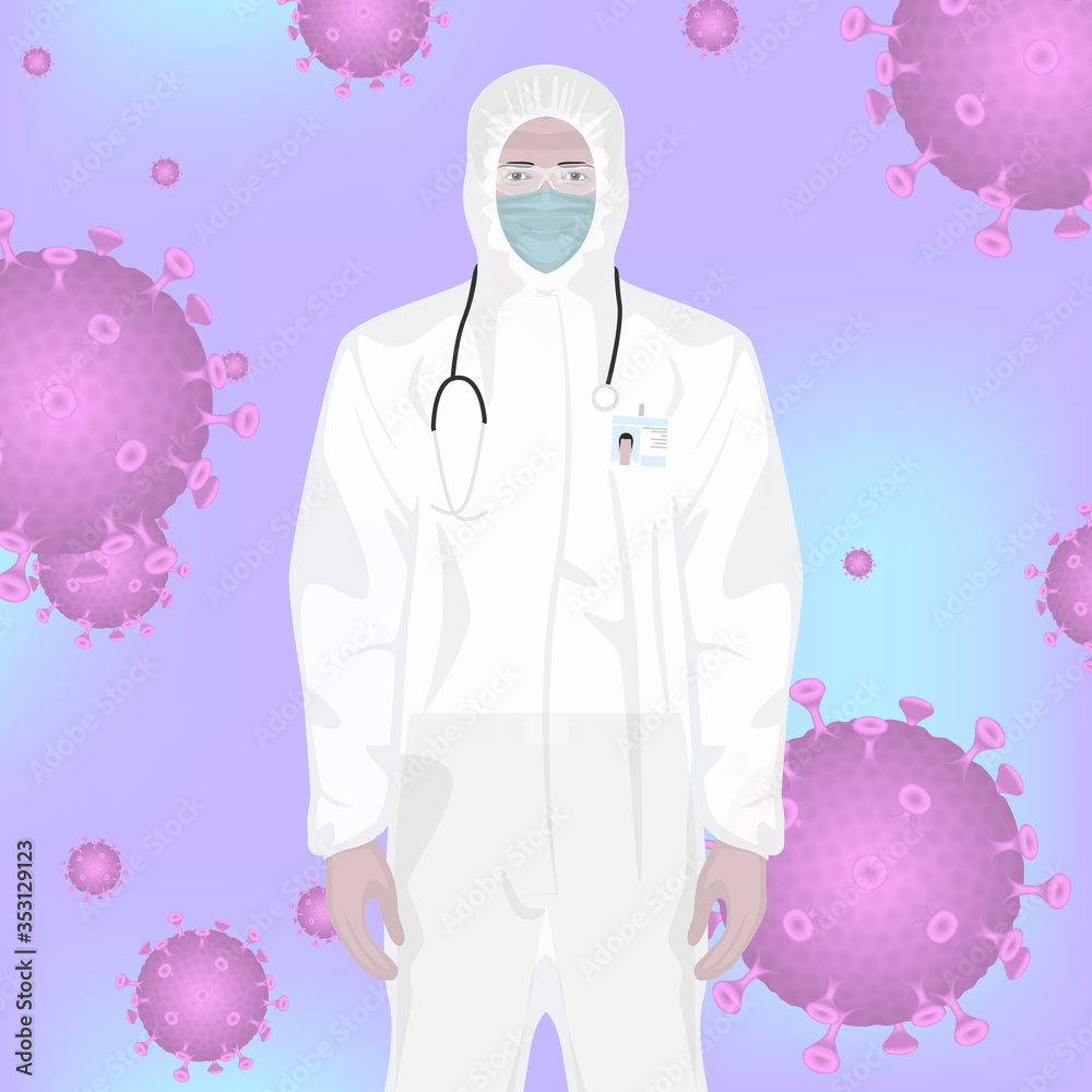 Obraz premium Doctor in a medical mask, protective suit and glasses. Illustration of a medical worker in a medical mask and glasses for protection against viruses.