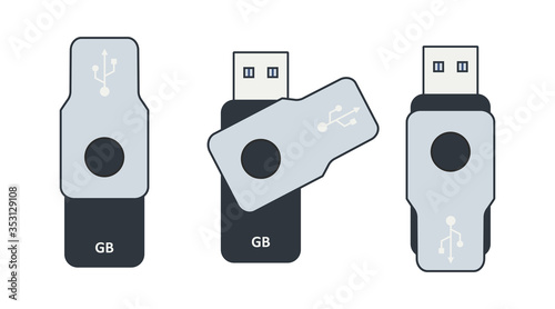 USB flash drive in flat, on white background. Isolated vector mockup.