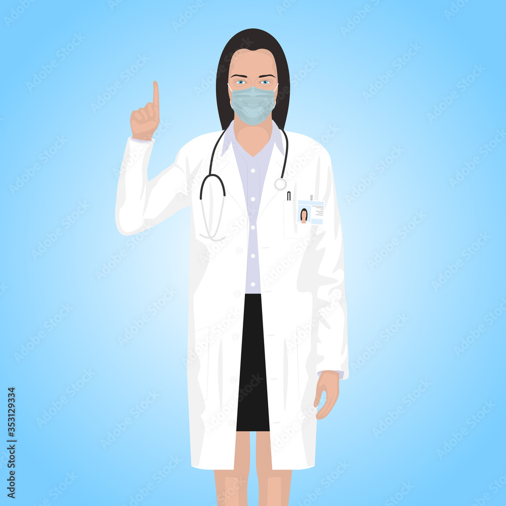 Woman nurse attention gesture. Illustration of a medical worker in a medical mask for protection against viruses.