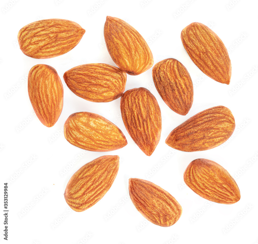 Almond nuts Isolated on white background. Pile of Almonds Top view. Food Creative layout Almond nuts Isolated on white background. Pile of Almonds Top view. Food Creative layout