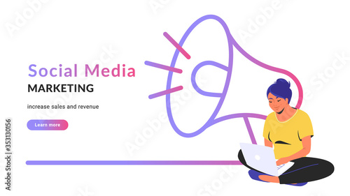 Social media marketing creative promo banner. Flat line vector illustration of cute woman sitting alone in lotus pose with laptop and working online. Megaphone outlined icon on white background