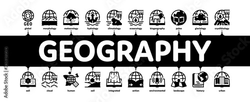 Geography Education Minimal Infographic Web Banner Vector. History And Urban Geography, Climatology And Oceanology, Meteorology And Hydrology Illustration