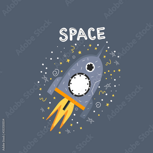 Cartoon Space. Rocket in the style of the cartoon. Vector isolated illustration of space, stars, and a rocket on a dark background. Postcard with a spaceship. Cartoon style. Picture with a rocket.