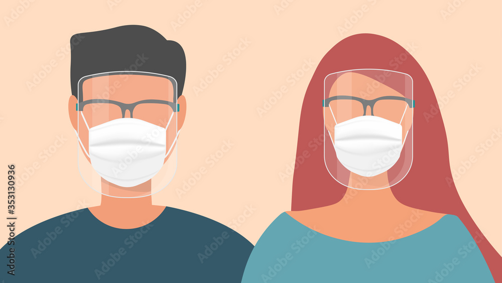 Man and woman wearing a face shield and a face mask to protect himself from the coronavirus.