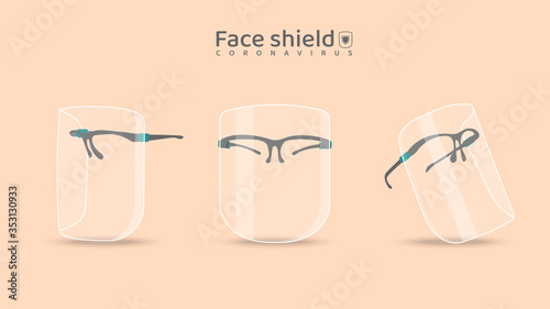 Medical face mask or shield. Transparent plastic glasses. Coronavirus quarantine concept. Protective measures for flu. Virus outbreak prevention and pollution protection.