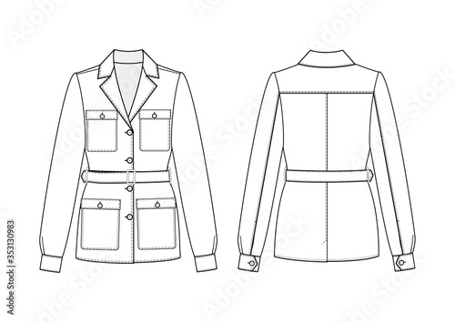 Fashion illustration of safari jacket. Technical drawing of jacket with pockets