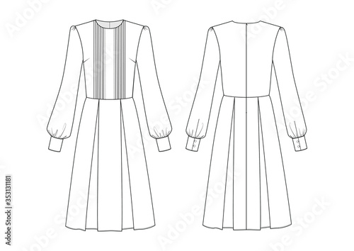 Fashion illustration of dress. Technical drawing dress with sleeves