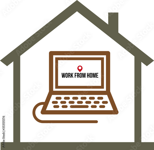 Icon of laptop computer in house. Work at home