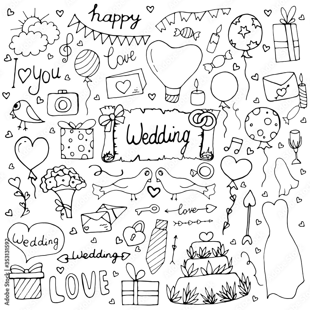 Fototapeta premium Wedding set with arrows, cake, dress, balloons, inscriptions, gifts, sweets on a white background. Vector isolated illustration with wedding elements for the design of a postcard. Doodle style.