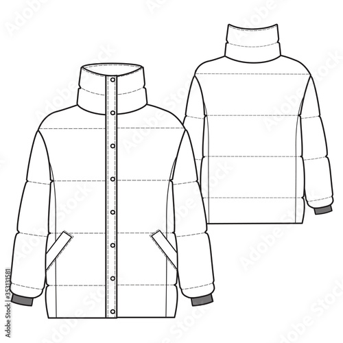 Fashion illustration of down jacket. Technical drawing jacket