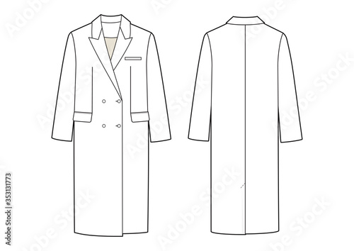 Fashion illustration of double-breasted coat. Technical drawing coat