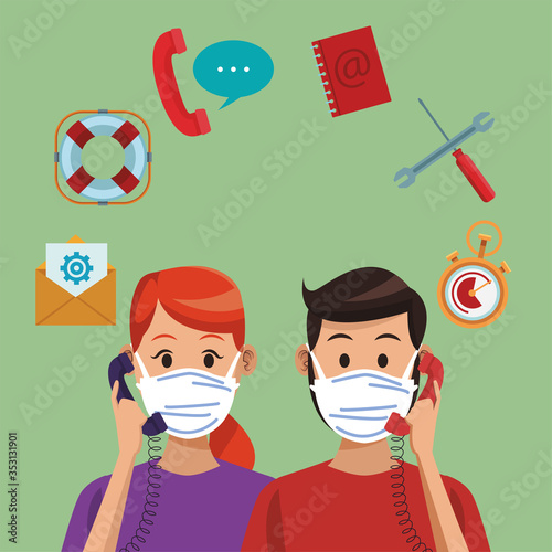 call center support couple workers wearing medical mask