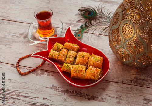 Baklava in plate in the form of tulip photo
