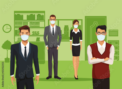 business people working and wearing medical masks photo