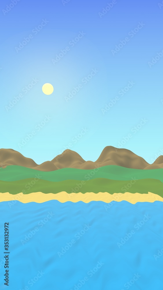 Sun Sea Beach. Noon. Ocean shore line with waves on a beach. Island beach paradise with waves. Vacation, summer, relaxation. Seascape, seashore. Minimalist landscape, primitivism. 3D illustration