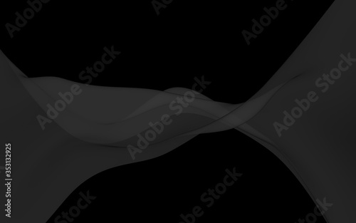 Black abstract background. Fluttering black scarf. Waving on wind black fabric. 3D illustration