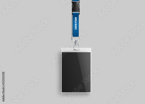 Blank company lanyard - realistic mockup with blank black ID card hanging on blue neck strap