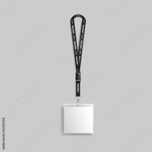 Identification name tag or id badge with lanyard, 3d vector illustration mockup.