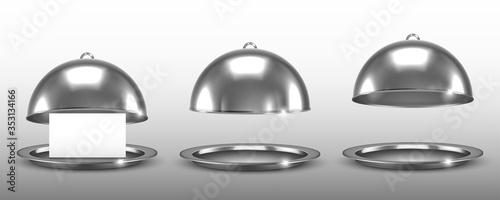 Dome for restaurant dishes set. Vector realistic silver cloche.