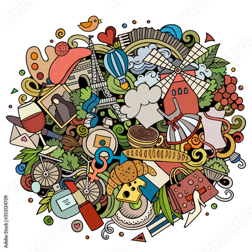 France hand drawn cartoon doodles illustration. Funny travel design.