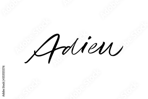 Goodbye in French. Adieu ink pen vector lettering. Brush modern calligraphy isolated on white background.