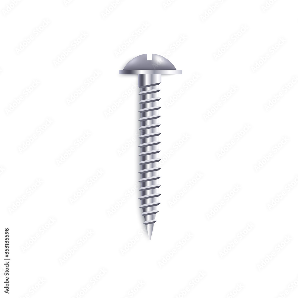 Sharp metal screw with raised slotted drive, metallic steel bolt with mushroom type head and realistic shiny chrome texture Sharp metal screw with raised slotted drive, metallic steel bolt with mushroom type head and realistic shiny chrome texture
