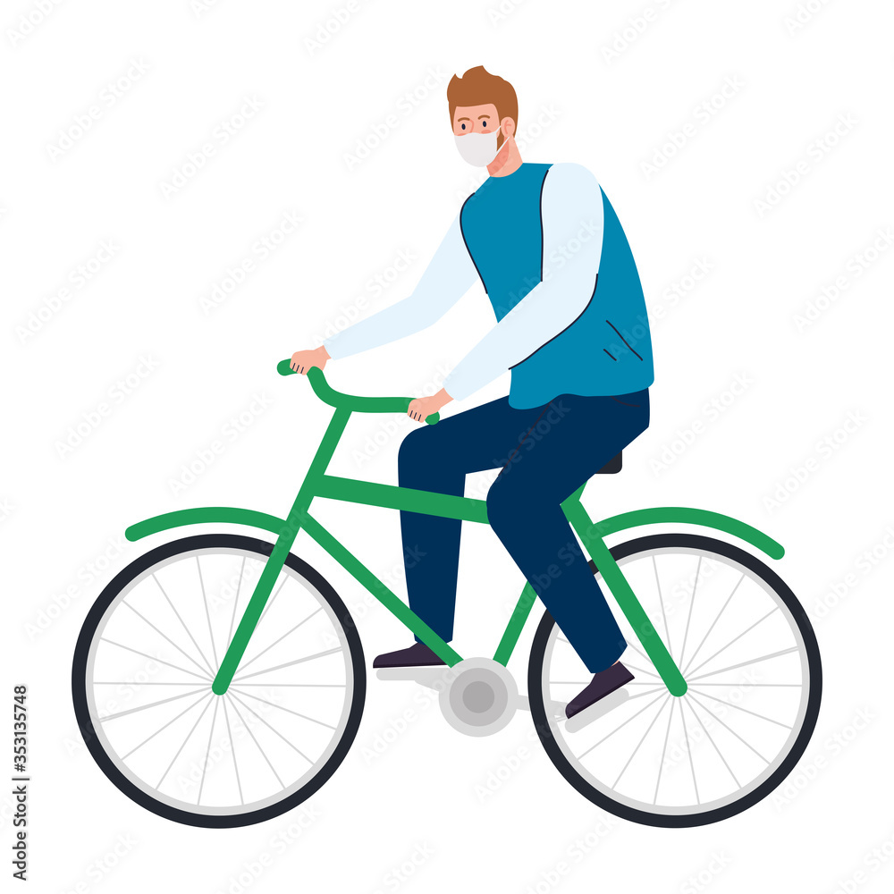 man in bike using protective surgical mask for covid 19 prevention vector illustration design man in bike using protective surgical mask for covid 19 prevention vector illustration design