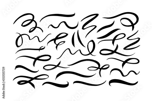 Swooshes and flourish brush stroke vector collection. Black paint wavy lines, dirty curved strokes.