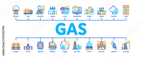 Gas Fuel Industry Minimal Infographic Web Banner Vector. Gas Truck Cargo Delivery And Carriage Transportation, Station And Derrick, Flame And Barrel Illustration