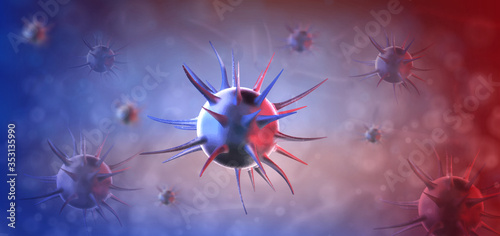 Virus. Abstract vector 3d microbe on blue and red background. Disease germ, pathogen organism, infectious micro virology