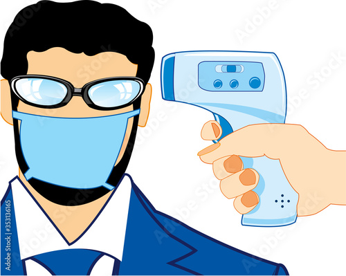 Man in mask measure temperature by noncontact thermometer