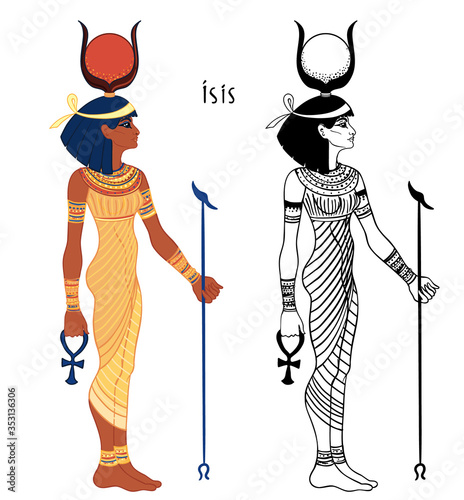 Isis, goddess of life and magic in Egyptian mythology. One of the greatest goddesses of Ancient Egypt, protects women, children, heals sick. Vector isolated illustration. Standing woman. Print, poster