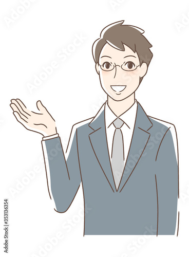 笑顔で手のひらを差し出す男性